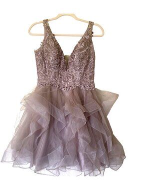 Juliet 812 Beaded Lace Bodice Mauve Tulle Mini Dress With Ruffled Skirt & Deep V